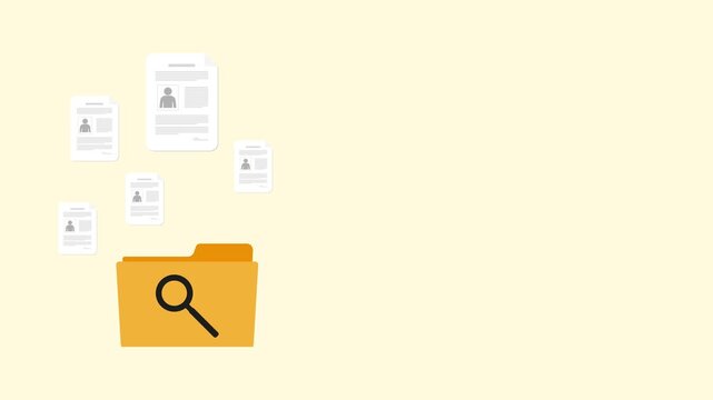 Animated folder with documents, review saved files in digital data storage, copy space for text