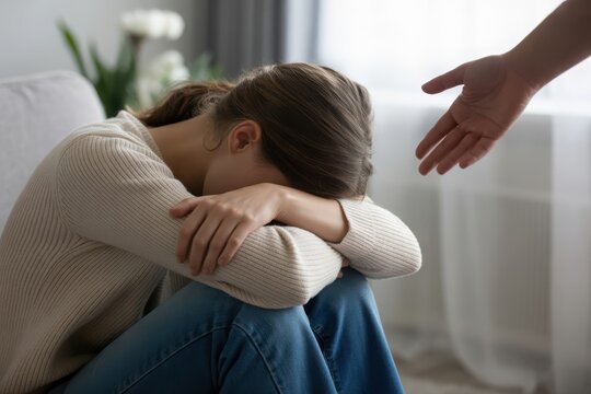 Woman experiencing sadness with a hand reaching out offering support and empathy, mental health concept