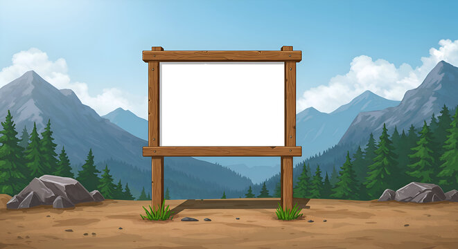 Empty wooden sign in a mountain landscape. Blank signpost with a view of a mountainous region with lush forest.