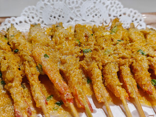 fresh Salted Egg Yolk Prawns on the plate for eating