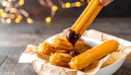 Golden Churro Dipped in Chocolate with Bokeh Lights and Rustic Background.
