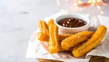 Golden Churros with Chocolate Dip Festive Lights and Warm Tones.