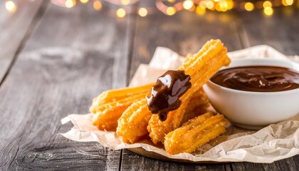 Golden Churros Dipped in Rich Chocolate Sauce on Rustic Wooden Table.