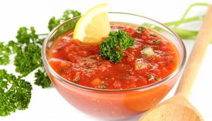 Fresh Tomato Salsa with Lemon Garnish in a Glass Bowl Close-Up.