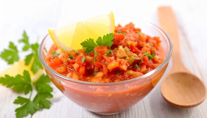 Fresh Tomato Salsa with Lemon Garnish in Glass Bowl on White Table.