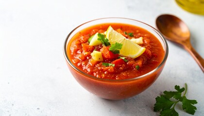 Vibrant Gazpacho Soup Garnished with Lemon Parsley and Fresh Vegetables.
