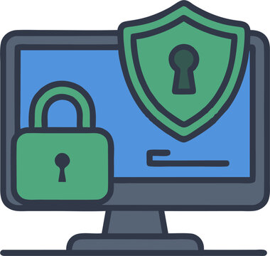 Flat vector illustration of a computer screen with a shield and padlock icon representing cybersecurity, data protection, privacy, encryption, and secure network access, ideal for business security, I