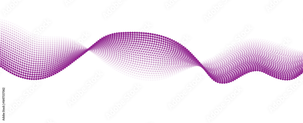 Poster flowing dots particles wave pattern purple isolated on white background. vector in concept of techno