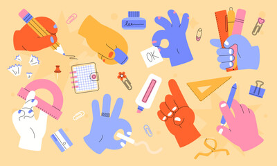 Hand holds pen. Palm with pencil and paintbrush. Flat school art illustration. Arm with stationery. Brush and protractor. Education doodle icon. Note clip. Color fingers. Vector cartoon stickers set