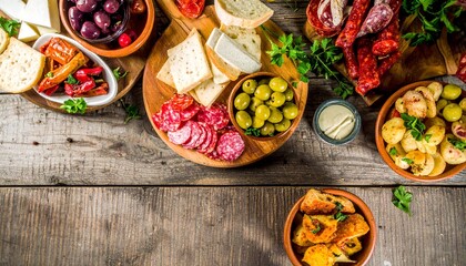 Overhead View of a Rustic Wooden Table with Appetizers and Delicacies.