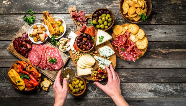 Gourmet Charcuterie Board with Olives Cheese Meats and Wine Rustic Wooden Table. - Powered by Adobe