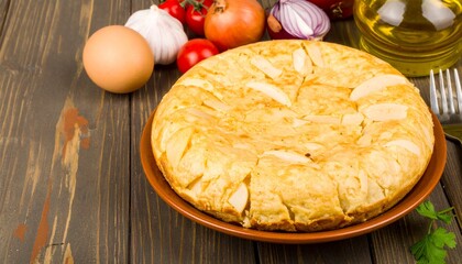 Spanish Tortilla with Ingredients on Wooden Table Overhead View.
