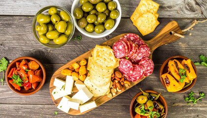 Overhead View of a Delicious Charcuterie Board with Olives and Appetizers.