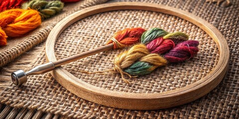 Embroidery supplies arranged on a woven fabric background featuring a wooden embroidery hoop, a needle, and colorful threads