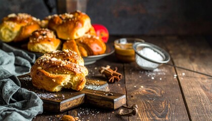 Golden Baked Cinnamon Rolls with Nuts on Wooden Board Rustic Food Photography.