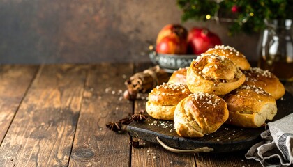 Golden Cinnamon Buns with Festive Decorations on Rustic Wooden Table.