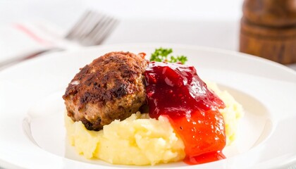 Delicious Meatloaf with Cranberry Sauce and Mashed Potatoes on White Plate.