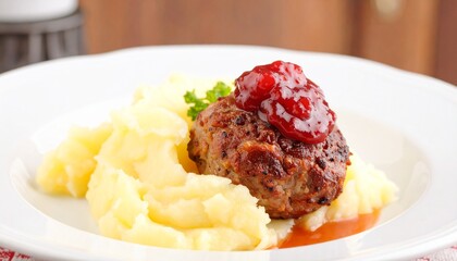 Delicious Meatball with Cranberry Sauce and Mashed Potatoes on White Plate.