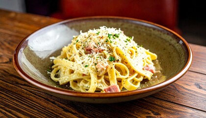 Delicious Pasta Carbonara in a Rustic Bowl on a Wooden Table Close-Up.