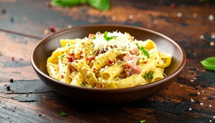 Delicious Pasta Carbonara with Fresh Basil and Parmesan Cheese in a Brown Bowl.