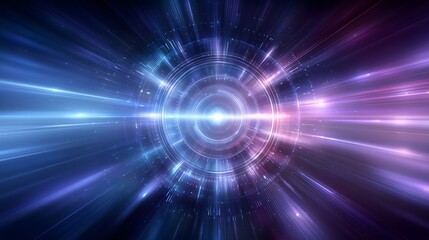 Futuristic cyber tech with dynamic neon blue and purple radial light burst, smooth metallic surfaces, and central radial blur on abstract digital horizon