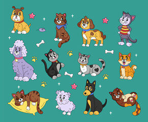 Animal groovy. Pet Y2K. Cute dog, funny cat. Cartoon retro sticker collection, vintage design. 70s comic baby mascot character. Icon hippie style. Vector set hippy for tidy children isolated set