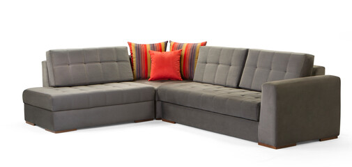 Modern corner furniture with Colored cushions isolated on white background .