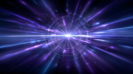 Futuristic cyber tech with neon blue and purple radial light burst, smooth metallic surfaces, abstract digital horizon, central radial symmetry, high-resolution background