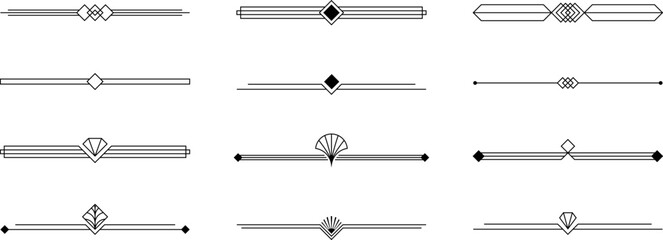 Elegant Art Deco borders with geometric ornaments. Set of vector decorative dividers in retro 1920s. Design elements for vintage invitations, classic menus and luxury labels