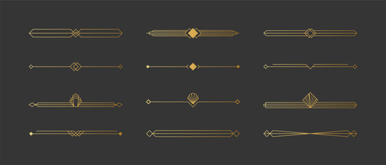 Elegant Art Deco borders with geometric ornaments. Set of vector decorative dividers in retro 1920s. Design elements for vintage invitations, classic menus and luxury labels