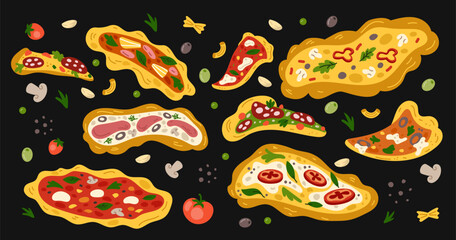 Italian pizza. Tomato, basil, mozzarella, mushroom ingredients on whole and pieces food. Cheese, olive, meat in dough. Stickers cartoon food for restaurant, cuisine element. Vector doodle tidy cafe