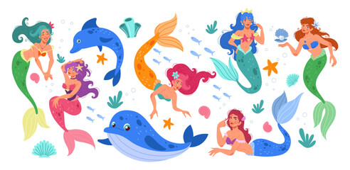 Fototapeta na wymiar Mermaid character with fish tail. Fantasy underwater creature. Sea mascot. Dolphin and whale. Marine girl swimming. Ocean animal. Fairytale scales. Undersea princess. Vector cartoon tidy illustration