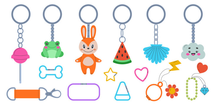 Ring for bag. Cute trinket for keys. Colorful toys keychains. Kids accessories. Funny clip. Trendy fob chains. Carabiner holder with plastic pendant. Doodle latchkey elements set. Vector tidy fashion