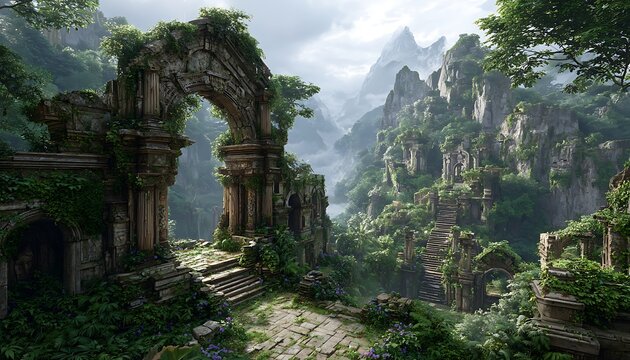 Lush overgrown ruins projecting AI-generated evolution timeline in air