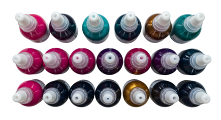 Vibrant inks shine in overhead shot with glossy texture. Use for crafting, arts, colorful designs, product advertising, or vibrant backdrops.