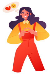 Smiling young girl in bright modern clothes makes a heart gesture with her hands, a symbol of love or sympathy. Nonverbal signs, body language, psychology and expression of emotion