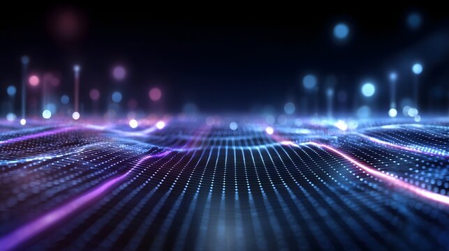 Clean, futuristic digital mesh grid in cool blue and purple neon, with metallic reflections and depth, ideal for technology presentations, web, and corporate design