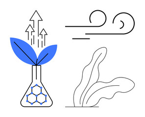 Laboratory flask with green leaves, swirling wind lines, and abstract plant shape highlighting eco growth, renewable energy, scientific research, environmental care, green technology, innovation