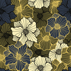 Romantic camellia flower repeating pattern. Organic bouquet ornament. Camellia blossom with outline petals. Bedclothes print. Field bloom summer periodic sample stencil motif.