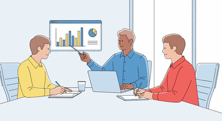 Flat illustration of business meeting with team analyzing charts and graphs on presentation board, discussing strategy, financial growth, and corporate planning in a modern office environment