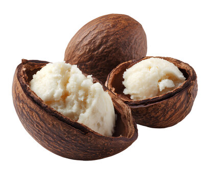  Shea nut filled with shea butter white background