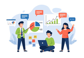 Flat illustration of business team analyzing charts and graphs, discussing data insights, and presenting reports in a modern office environment for strategy, growth, and performance improvement
