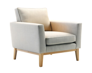Fototapeta premium A light grey armchair with a wooden frame and cream cushions isolated on a transparent background furniture