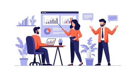 Flat illustration of business team analyzing charts and graphs, discussing data insights, and presenting reports in a modern office environment for strategy, growth, and performance improvement