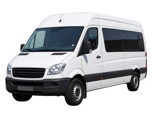  Angled Front Perspective of White Cargo Van with Reflections on Windows, Transparent Background