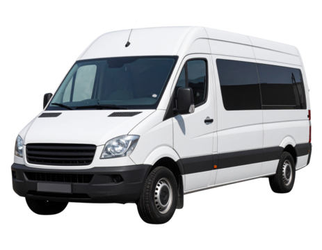Angled Front Perspective of White Cargo Van with Reflections on Windows, Transparent Background
