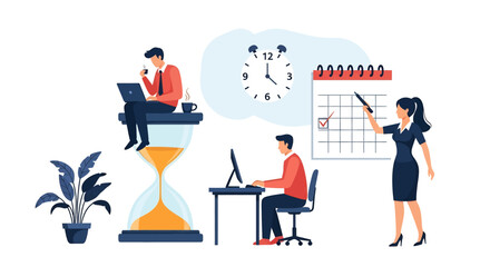 Flat illustration of business people managing time and planning tasks, featuring hourglass, calendar scheduling, teamwork, and productivity in a modern corporate office environment