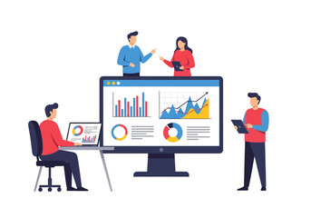 Flat illustration of business people analyzing charts and graphs on a large screen, discussing data insights, teamwork, financial reports, and strategic planning in a modern office environment