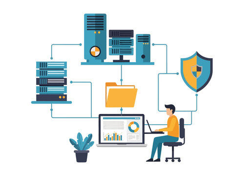 Flat illustration of data management system with secure cloud storage, database servers, file organization, analytics, and cybersecurity protection for modern business and digital network solutions