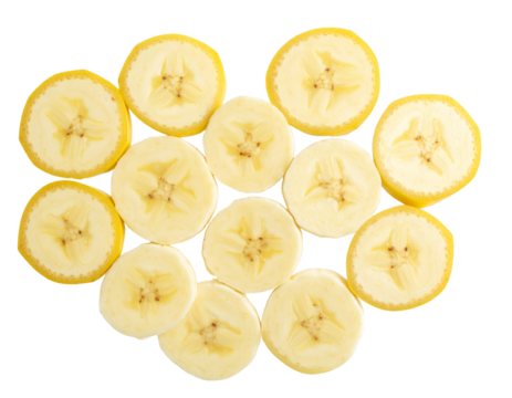 Banana Slices Arranged in Heart Shape Pattern, Top-Down View, Transparent Background